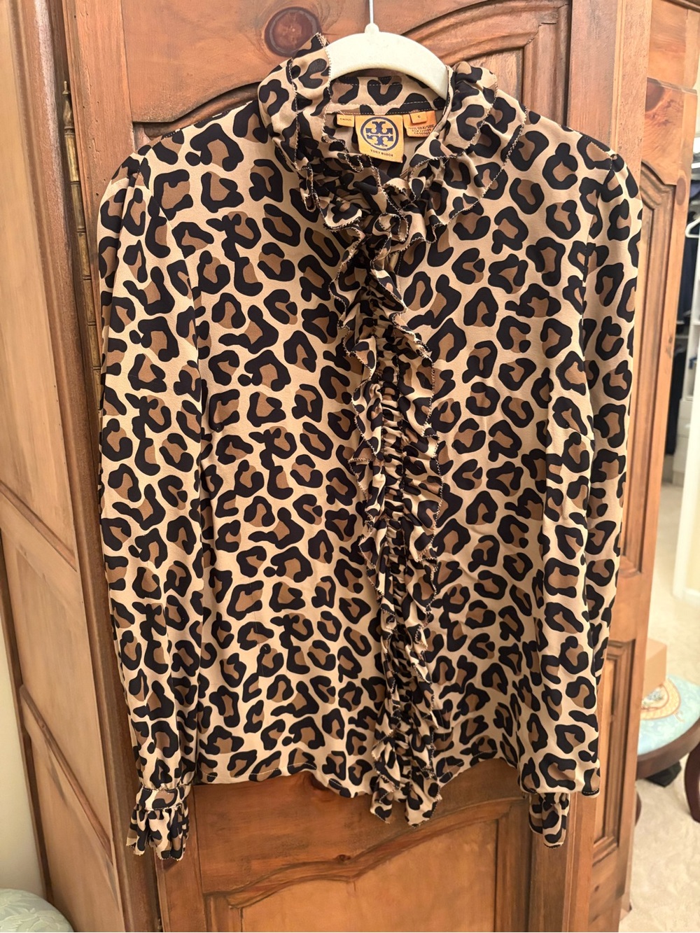 Tory Burch Leopard Ruffle Front Silk Blouse - Tan & Black